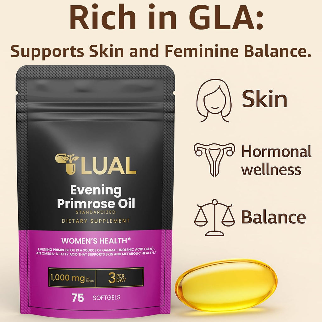 Women's Health Evening Primrose Oil Softgels | Omega-6 Fatty Acid for Women's Health | Lual Evening Primrose Oil Capsules 1000mg 75 Count
