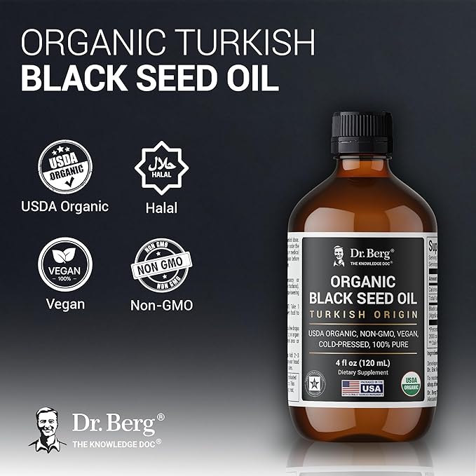Dr. Berg Black Seed Oil Organic Cold Pressed – Pure Nigella Sativa Black Cumin Oil – USDA Organic, Halal, Vegan – for Hair, Skin, Immune Support – Unrefined Liquid – 4 oz Glass Bottle