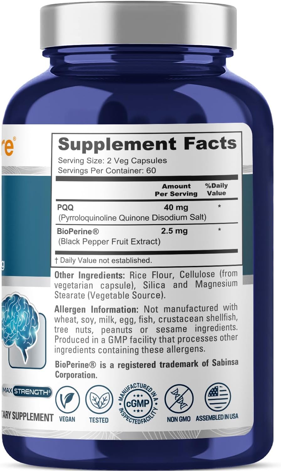 NusaPure PQQ Supplement 40 mg, 120 Veggie Capsules, Non-GMO, Pyrroloquinoline Quinone Disodium Salt, Bioperine