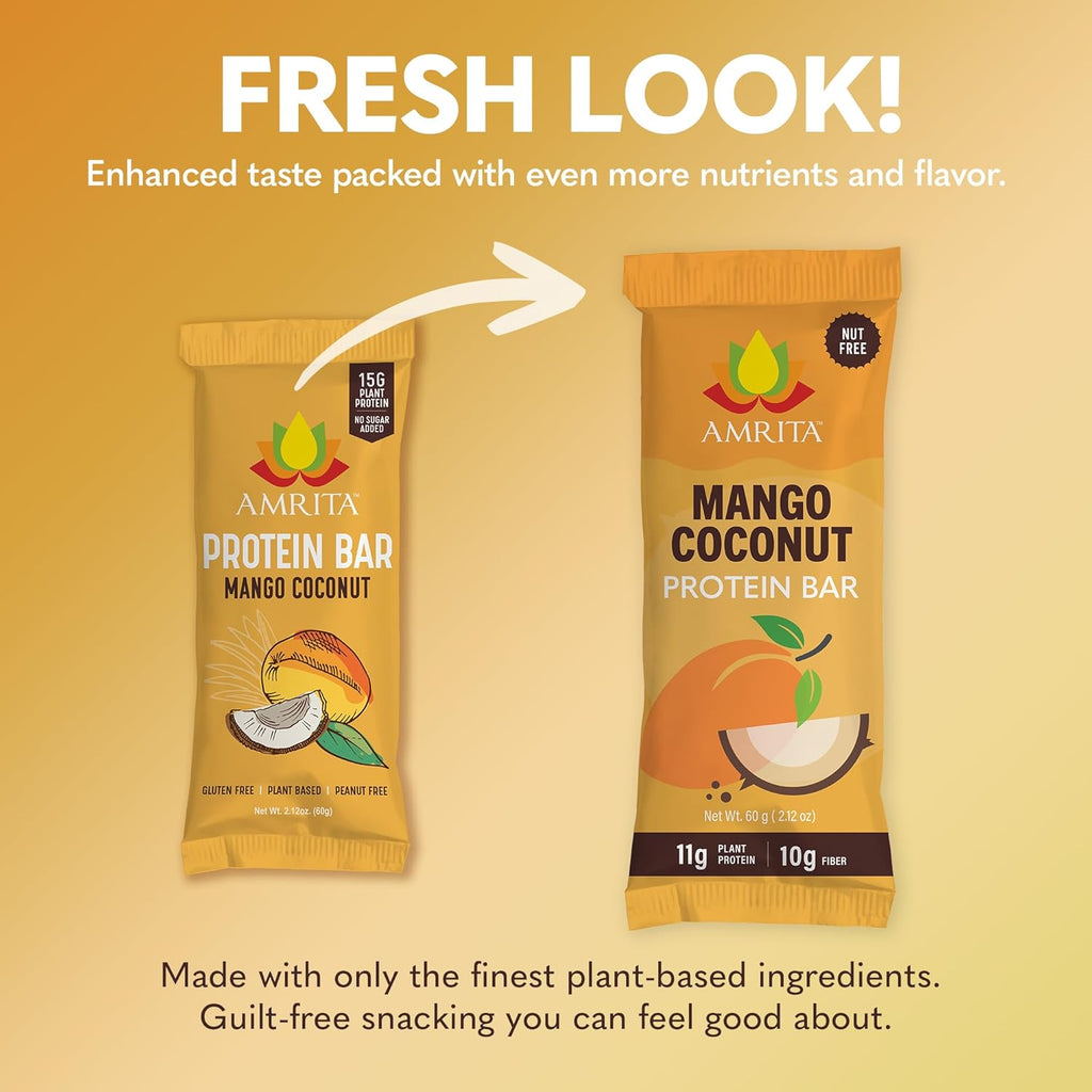 Amrita Nut Free Mango Coconut Vegan Protein Bars (12 Count) | 11g Plant-Based Protein Bar | Peanut Free, Gluten Free, and Dairy Free | Low Sugar, High Fiber, Healthy School-Safe Snacks