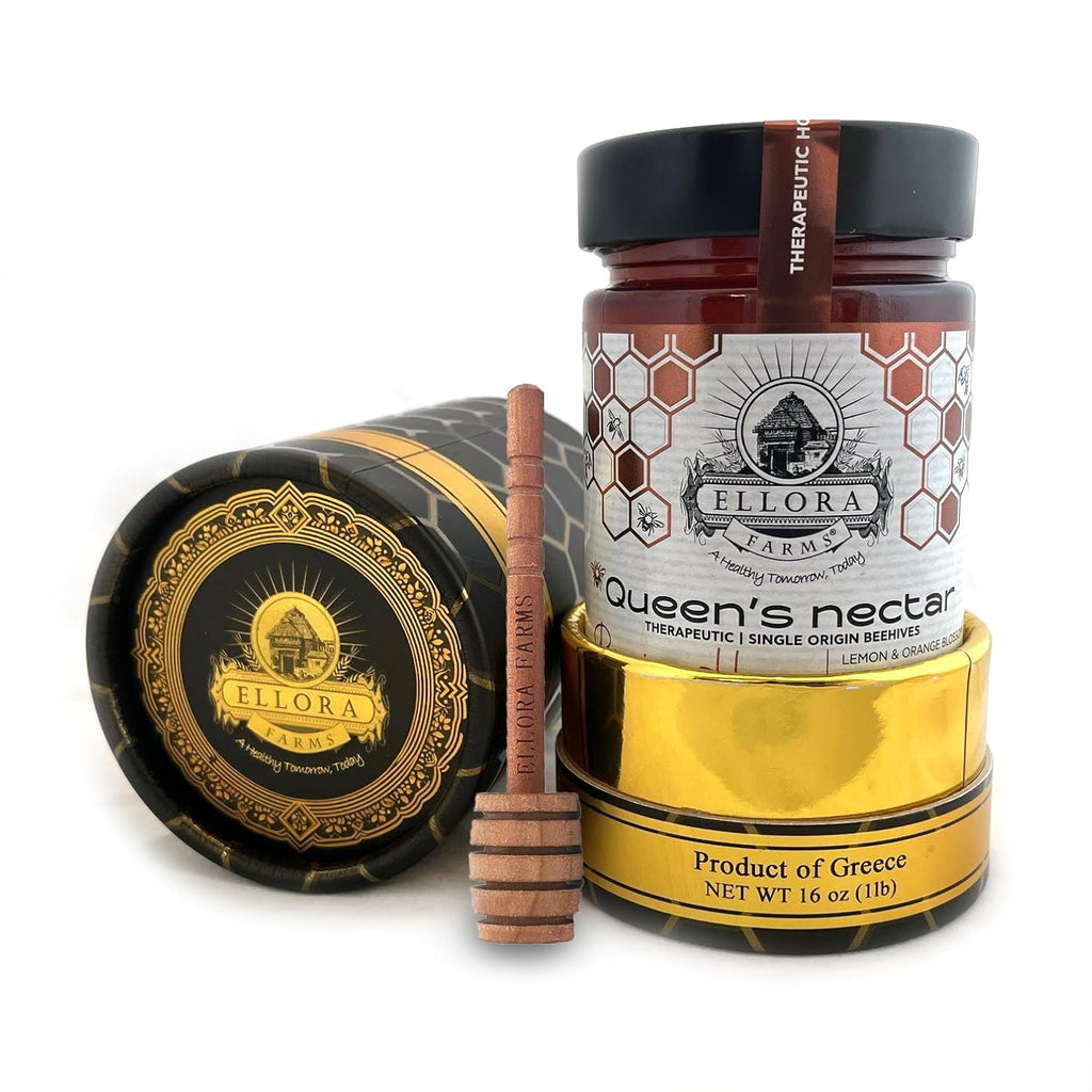 Ellora Farms Greek Honey, Lemon & Orange Blossom Raw Honey Unfiltered, 2025 Paris Platinum Award, Non-GMO and Unpasteurized, Gift Pack with Dipper - 450 g