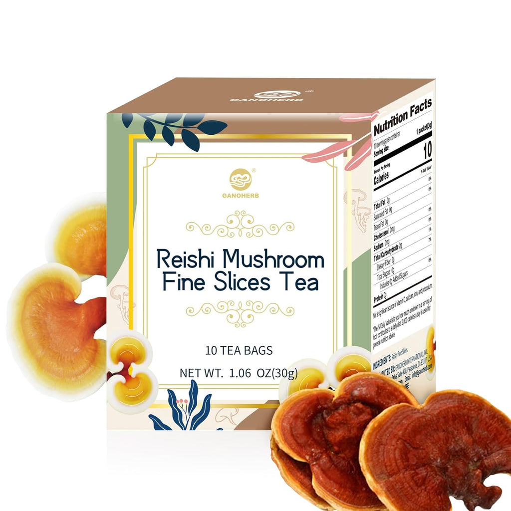 GANOHERB Reishi Mushroom Fine Slices Tea, 10 Bags, Adaptogen Ganoderma Lucidum Herbal Tea for Immune Health Boost, Stress Relief, Caffeine-Free, No Sugar, 1.06 OZ