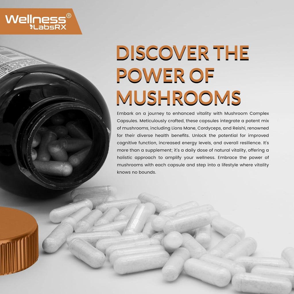 WELLNESS LABSRX Mushroom Supplement Capsules 10:1 Extract, Mushroom Complex Capsules 1000mg, Lions Mane Supplement with Turkey Tail, Cordyceps, Reishi - 2 Pack