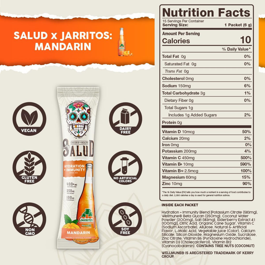 Salud x Jarritos 2-in-1 Hydration Packets + Immunity Electrolytes Powder, Mandarin - Agua Fresca Drink Mix, Elderberry, Dairy & Soy Free, Non-GMO, Gluten Free, Vegan, 1g Sugar (15 Servings)
