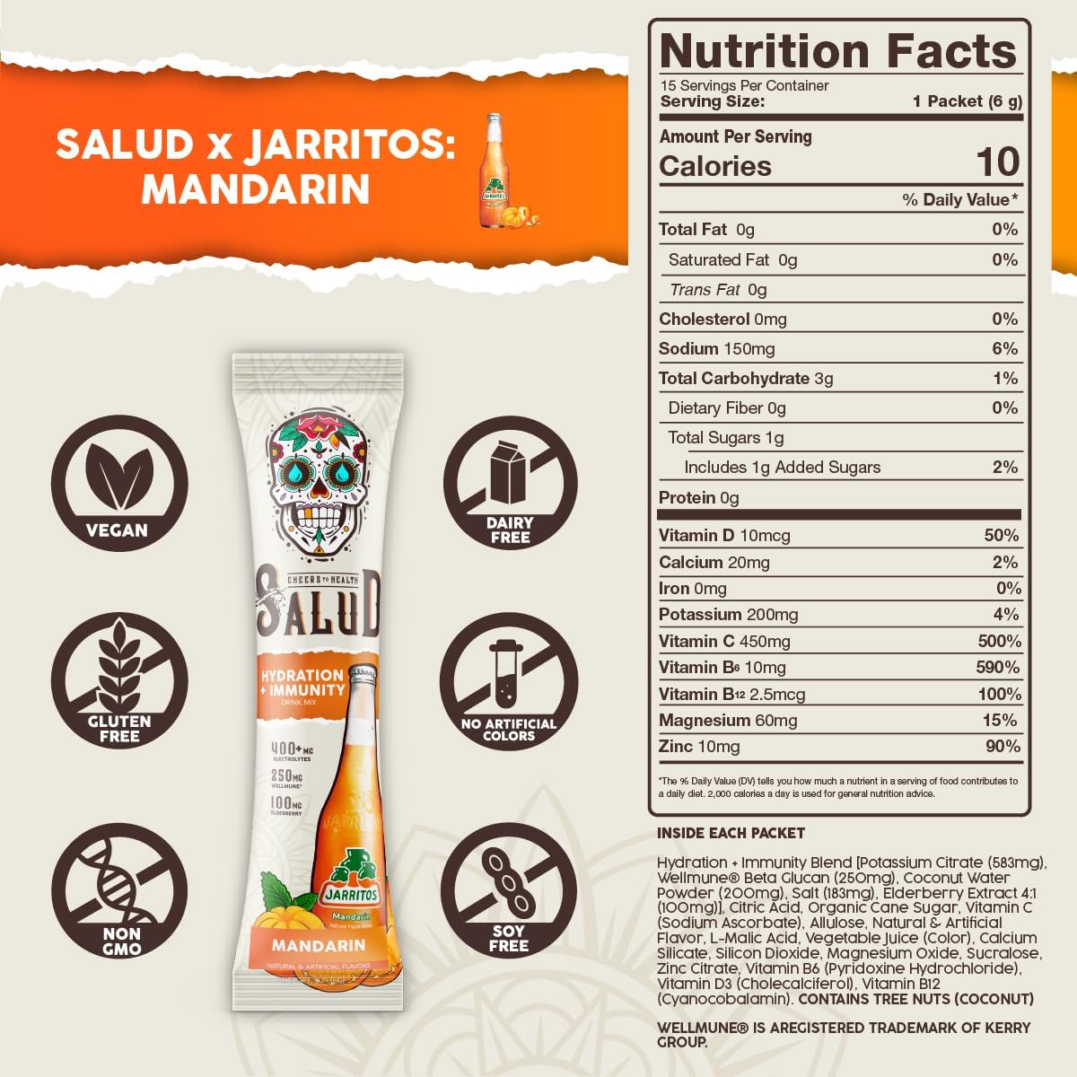 Salud x Jarritos 2-in-1 Hydration Packets + Immunity Electrolytes Powder, Mandarin - Agua Fresca Drink Mix, Elderberry, Dairy & Soy Free, Non-GMO, Gluten Free, Vegan, 1g Sugar (15 Servings)