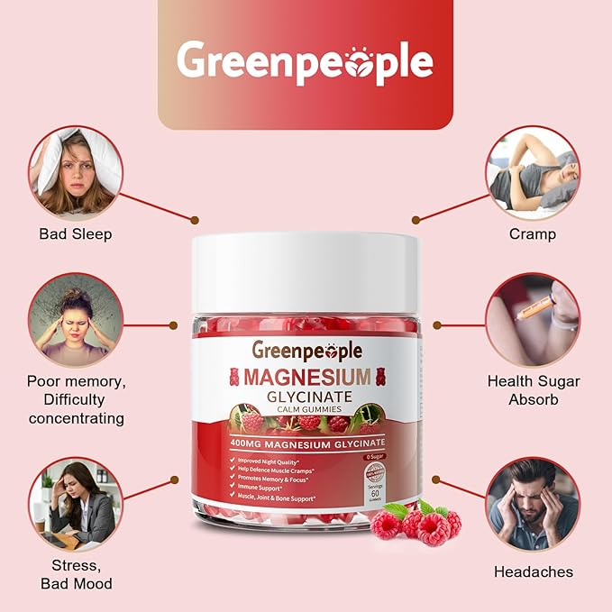 GREENPEOPLE Magnesium Glycinate Gummies 400mg - Sugar Free Magnesium Supplement with Magnesio Citrate, Vitamin D, and B6 for Calm Support & Sleep for Adults - High Absorption - Raspberry Gummies
