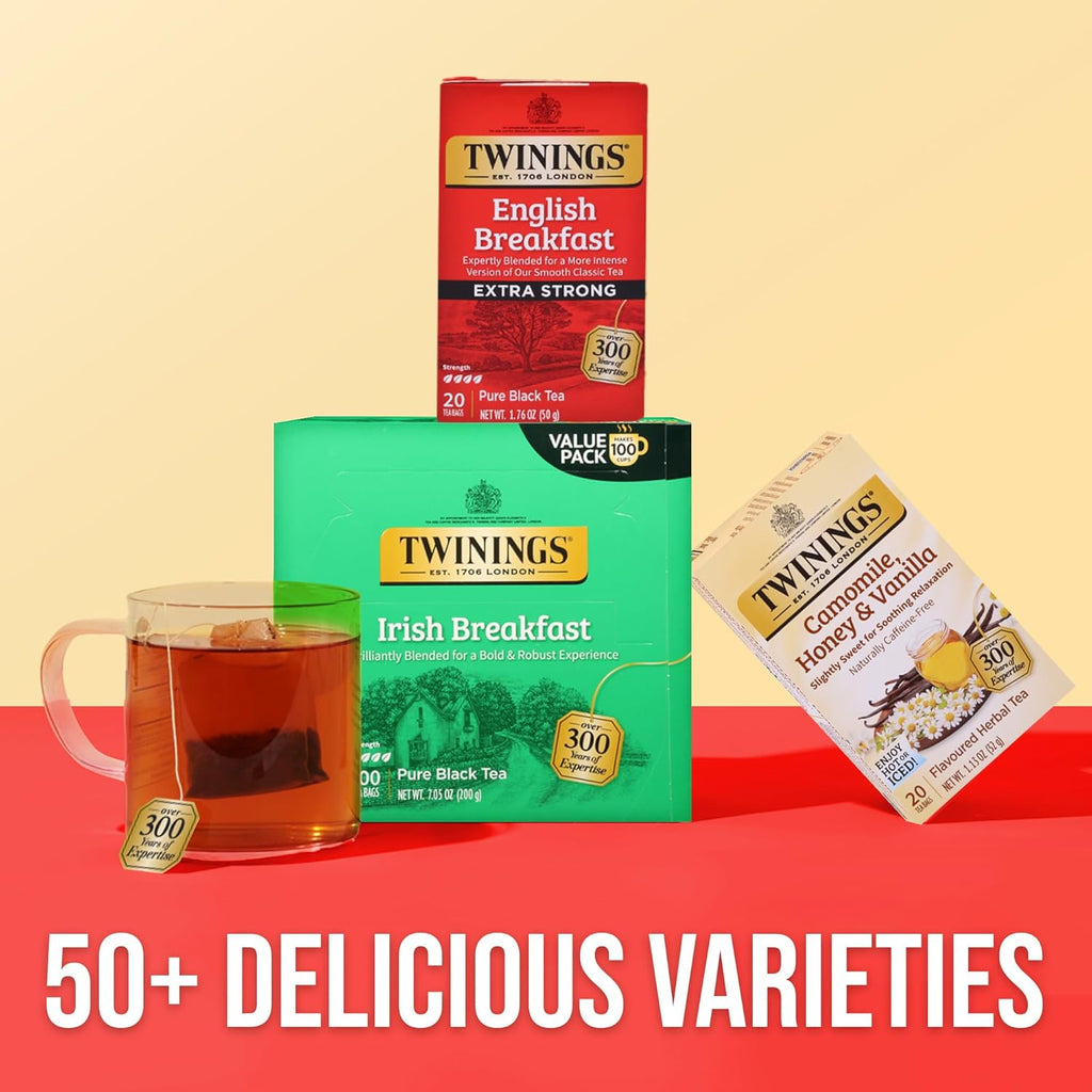 Twinings Extra Strong English Breakfast Black Tea Individually Wrapped Bags, 20 Count (Pack of 6), Robust, Caffeinated, Enjoy Hot or Iced, 120 Teabags