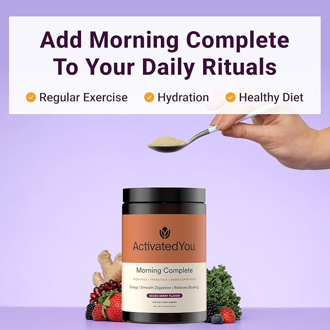 ActivatedYou Morning Complete Super Greens Powder Drink Mix - Gut Health Boost with Prebiotics, Probiotics, & Antioxidants - 10 Billion CFUs, Mixed Berry Flavor Greens Superfood Powder - 30 Day Supply