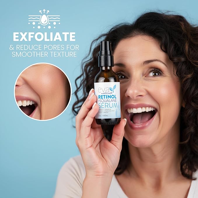 Eva Naturals Retinol + Squalane Serum – Anti Aging Face Serum for Wrinkles, Collagen Boost, Eye & Night Use – Retinoid Skin Care for Acne, Pores, Dark Spots & Sensitive Skin