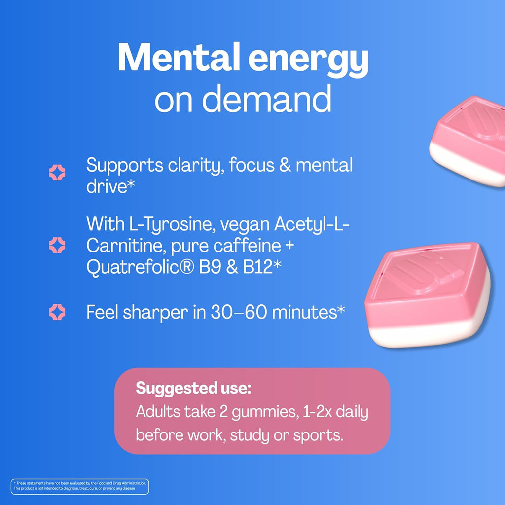 URVI® Brain Gummies – Caffeine, L-Tyrosine, Acetyl-L-Carnitine, L Methyl Folate (Quatrefolic® 5-MTHF), Vitamin B12 & Iodine – Boosts Energy & Focus – Sugar-Free – Strawberry Flavor – 60 Gummies