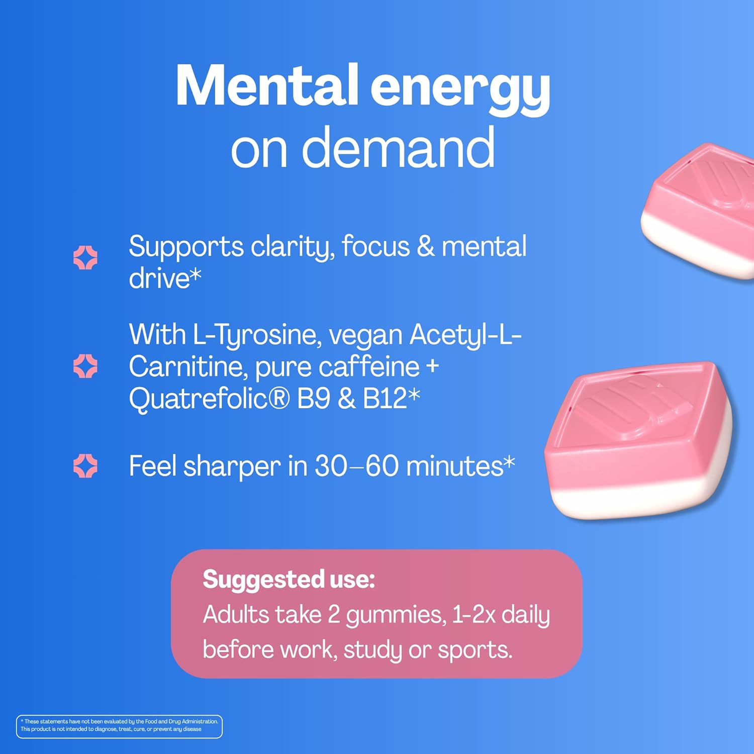 URVI® Brain Gummies – Caffeine, L-Tyrosine, Acetyl-L-Carnitine, L Methyl Folate (Quatrefolic® 5-MTHF), Vitamin B12 & Iodine – Boosts Energy & Focus – Sugar-Free – Strawberry Flavor – 60 Gummies