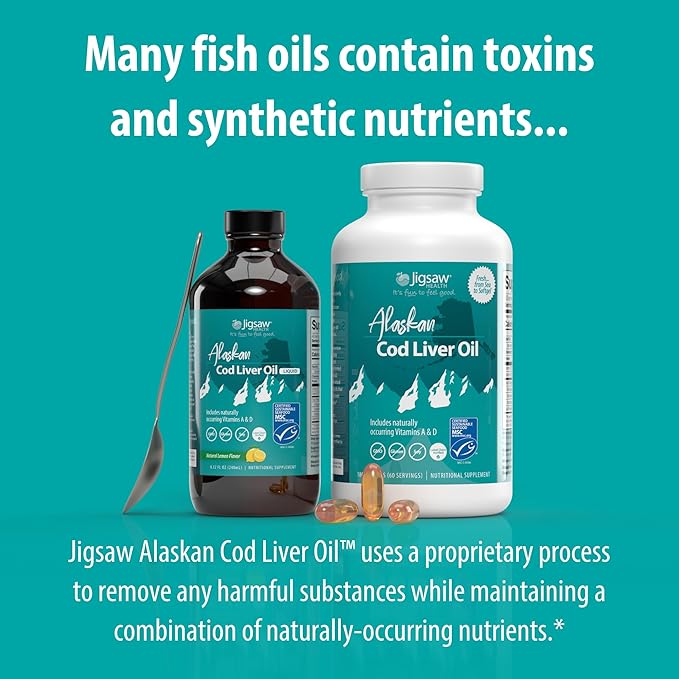 Jigsaw Health Alaskan Cod Liver Oil | 900 mg Omega-3s with EPA, DHA, and DPA | Includes Naturally Occuring Vitamins A & D | 180 Softgels | 60 Servings