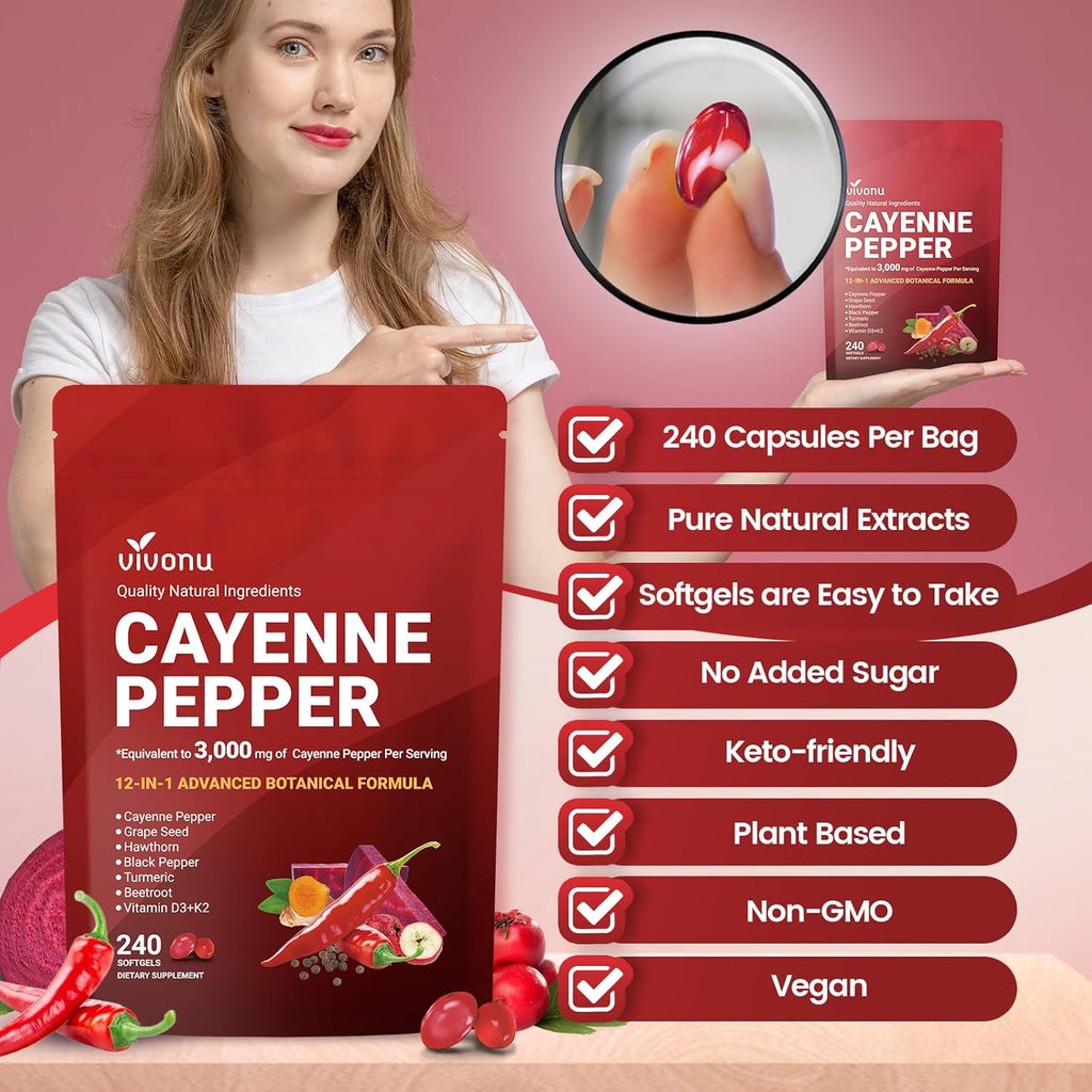 VivoNu Cayenne Pepper Softgels Supplement, Supports Leg Vein, Heart and Blood Vessel Health, with Vitamin E D3+K2 and Extracts of Grape Seed, Hawthorn, Beetroot, Berberine and Other