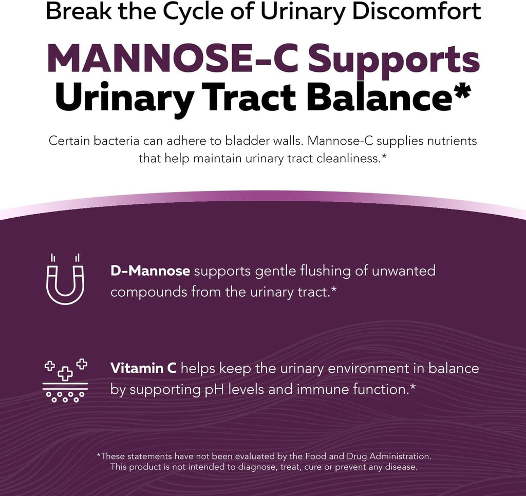 Mannose-C - Organic D Mannose Powder + Whole Food Vitamin C, Natural UTI Support Supplement to Flush & Cleanse Urinary Tract, Certified Organic Urinary Health for Women, Vegan, Non-GMO (60 Servings)