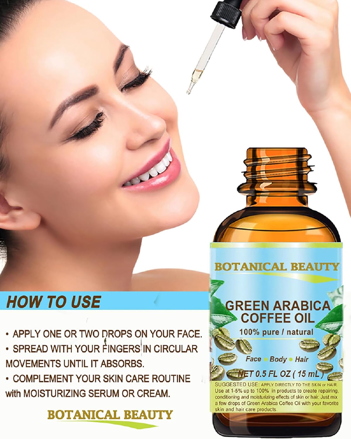 Botanical Beauty GREEN ARABICA COFFEE OIL Brazilian 100% Pure Virgin Unrefined for Face, Skin, Hair, Lip, Nails. Anti - Aging Face Oil (1 Fl Oz)