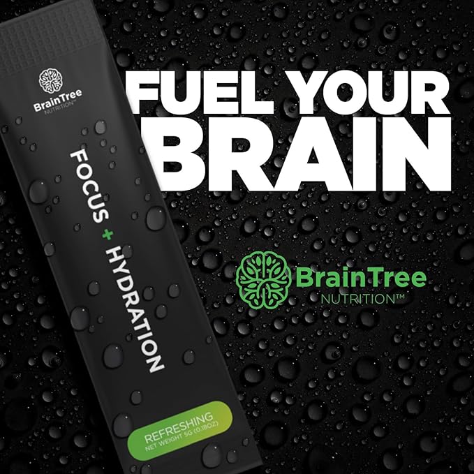 BrainTree Nutrition - Focus + Hydration - Electrolyte Drink Mix - Total Body Hydration - Supports Cognitive Function, Energy & Muscle Recovery - Sugar Free - Refreshing - 30 Stick Packs