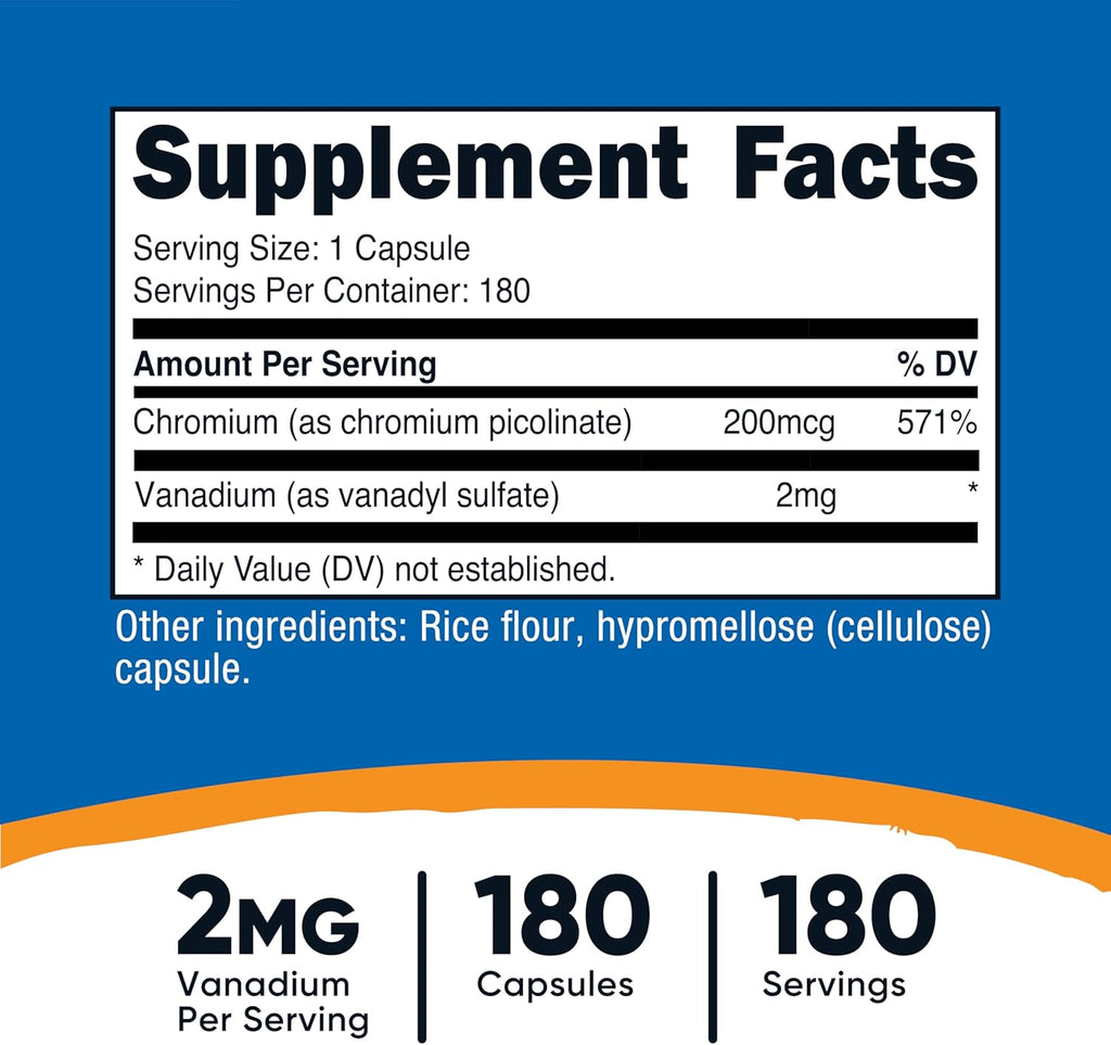Nutricost Vanadium + Chromium 2mg 180 Vegetarian Capsules - Gluten Free, Non-GMO - Vanadium Supplement