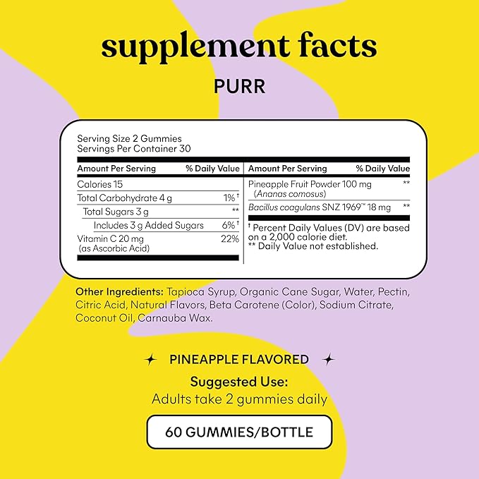 Lemme Purr Vaginal Probiotic Gummies for Women - Balanced pH, Healthy Odor, Yeast Balance & Flora Support + Vitamin C for Immune Health - Tasty Pineapple (60 Count)