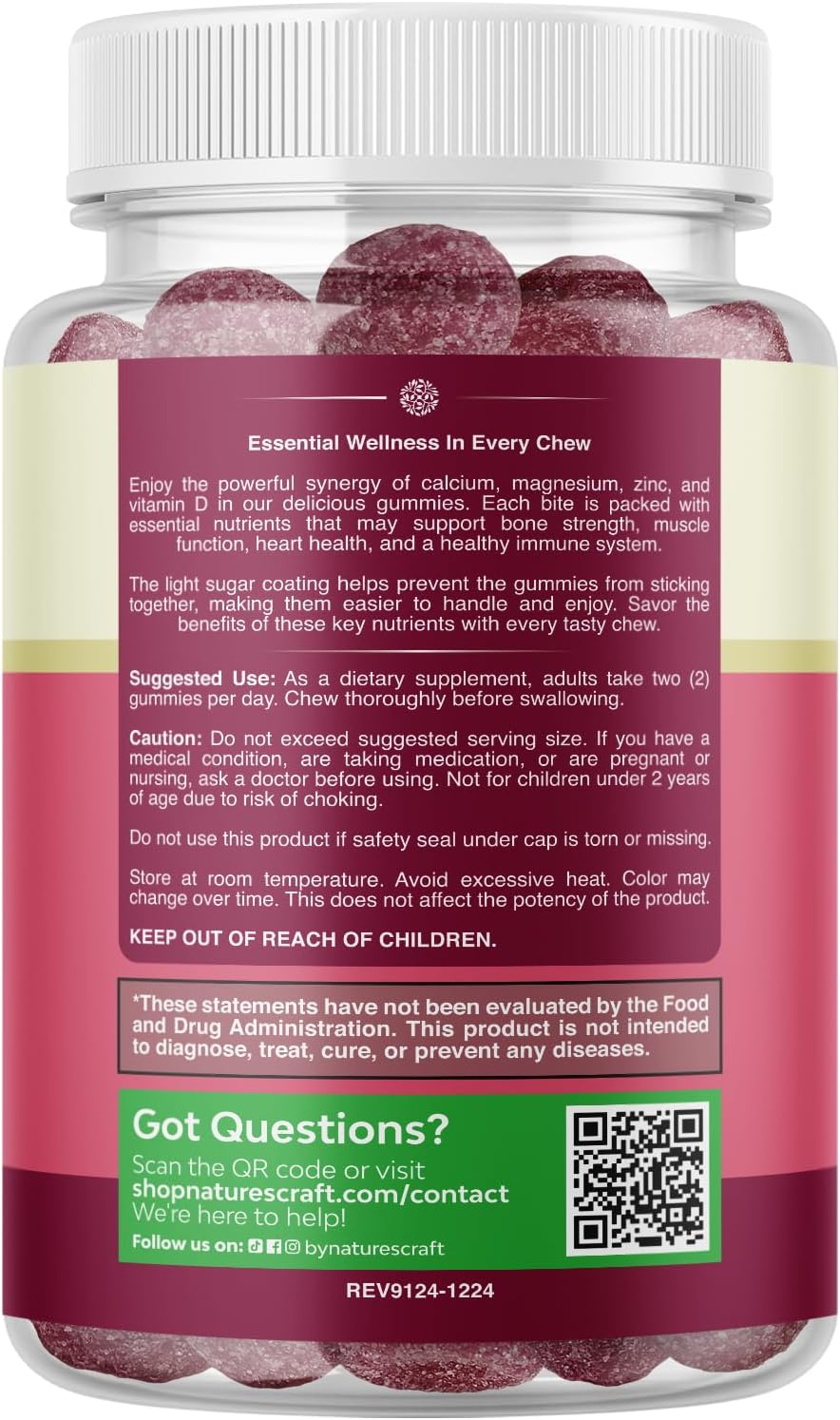 Calcium Magnesium Zinc Gummies - Magnesium Zinc Calcium Supplement Gummies with Vitamin D3 for Teeth and Bone Health - Certified Kosher Non-GMO Gelatin Free & Vegetarian Friendly (2 Month Supply)