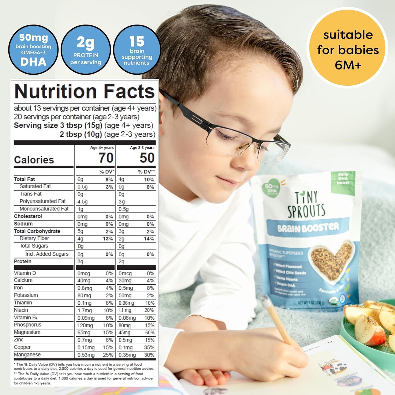 Superseed Organic Milled Chia, Flaxseed and Hemp Heart Brain Booster with Vegan Omega-3 DHA S Prebiotic Fiber Protein Gluten Free Seeds for 6M+ Babies Toddlers & Kids (7oz x 2 Pack)