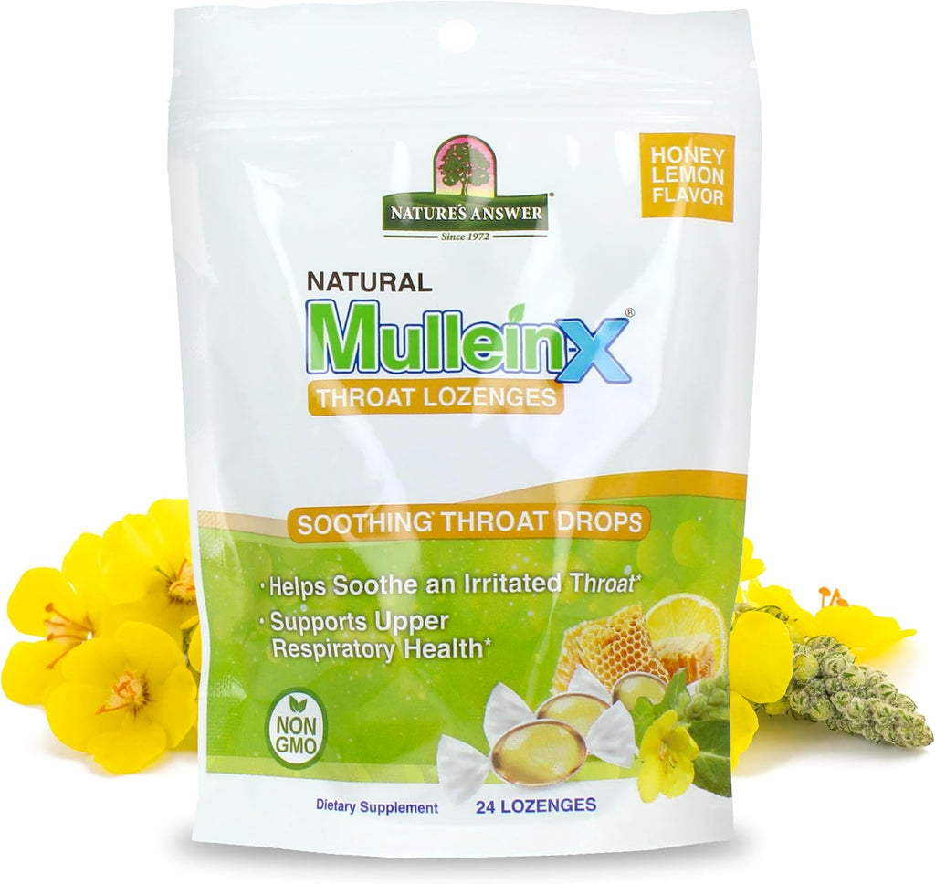 Nature's Answer Mullein‑X Respiratory Soothing Throat Lozenges 24‑Count – Alcohol‑Free Herbal Cough Support with Mullein, Marshmallow, English Ivy & Honey – Non‑GMO, Gluten‑Free