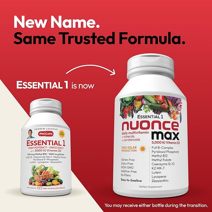 ANDREW LESSMAN Essential-1 nuonce max Multivitamin 5000 IU Vitamin D3 180 Small Capsules. 100 mcg Methyl B12. CoQ10 Lutein Lycopene Zeaxanthin. High Potency. No Additives. Ultra-Mild One Daily Capsule