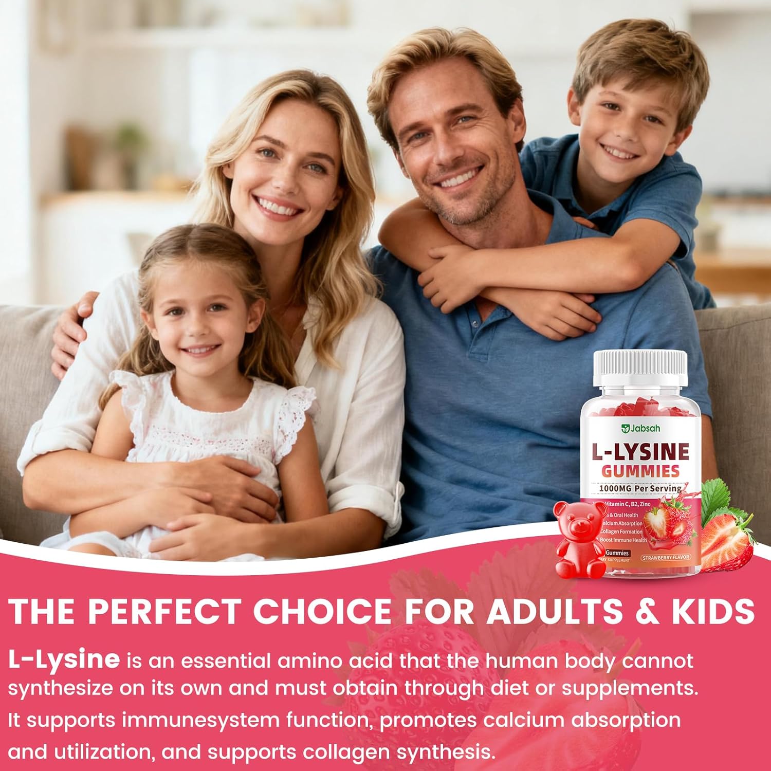L-Lysine Gummies 1000 mg for Kids and Adults, L-Lysine Supplements with Vitamin C, B2 for Lips & Oral Health, Immune Support & Collagen & Calcium- Vegan, Non GMO, Strawberry Flavor, 60 Count