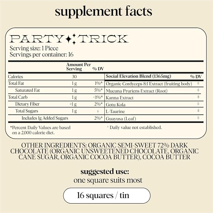 Alice Mushrooms Party Trick | Functional Mushroom Chocolate for Social Enjoyment | Cordyceps, Kanna & Nootropics for Shared Experiences - 1 Pack