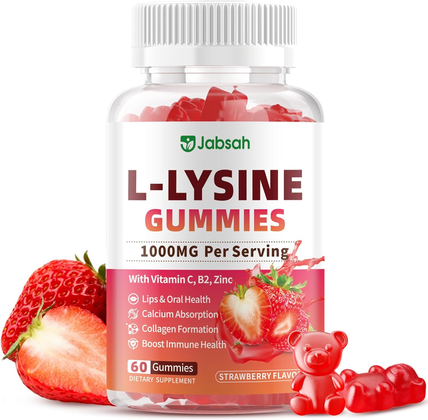 L-Lysine Gummies 1000 mg for Kids and Adults, L-Lysine Supplements with Vitamin C, B2 for Lips & Oral Health, Immune Support & Collagen & Calcium- Vegan, Non GMO, Strawberry Flavor, 60 Count