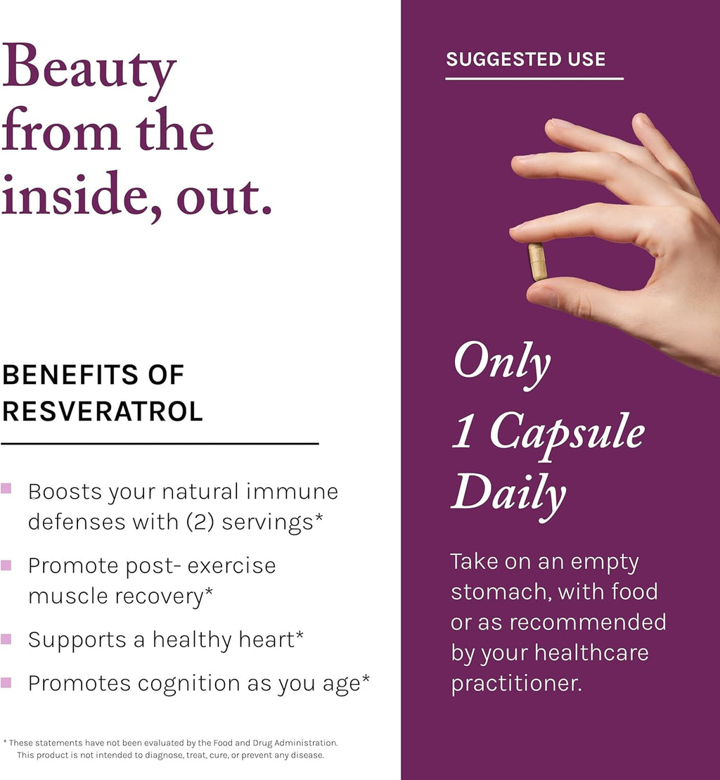 Reserveage Beauty, Resveratrol 500 mg, Antioxidant Supplement for Heart and Cellular Health, Supports Healthy Aging and Immune System, Paleo, Keto, 60 Capsules