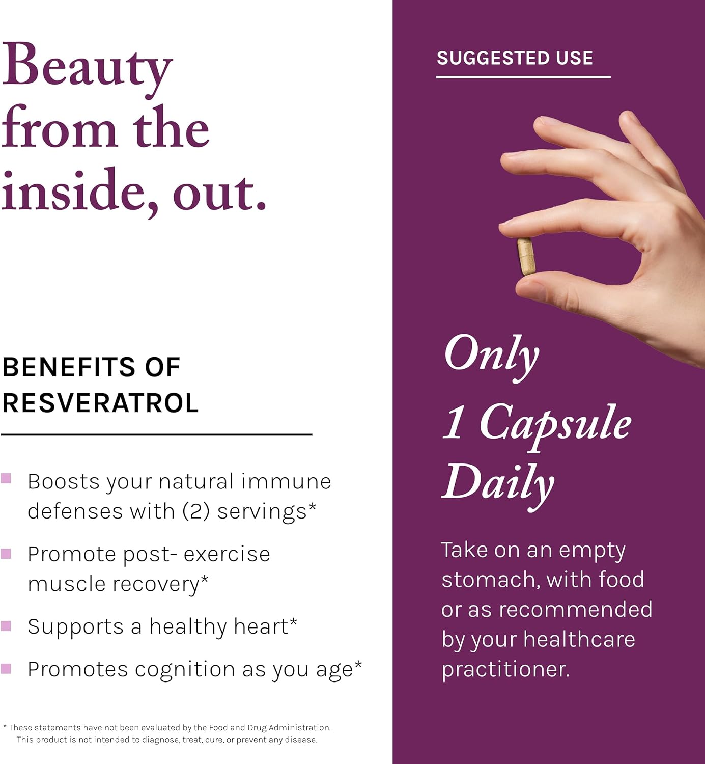 Reserveage Beauty, Resveratrol 500 mg, Antioxidant Supplement for Heart and Cellular Health, Supports Healthy Aging and Immune System, Paleo, Keto, 60 Capsules