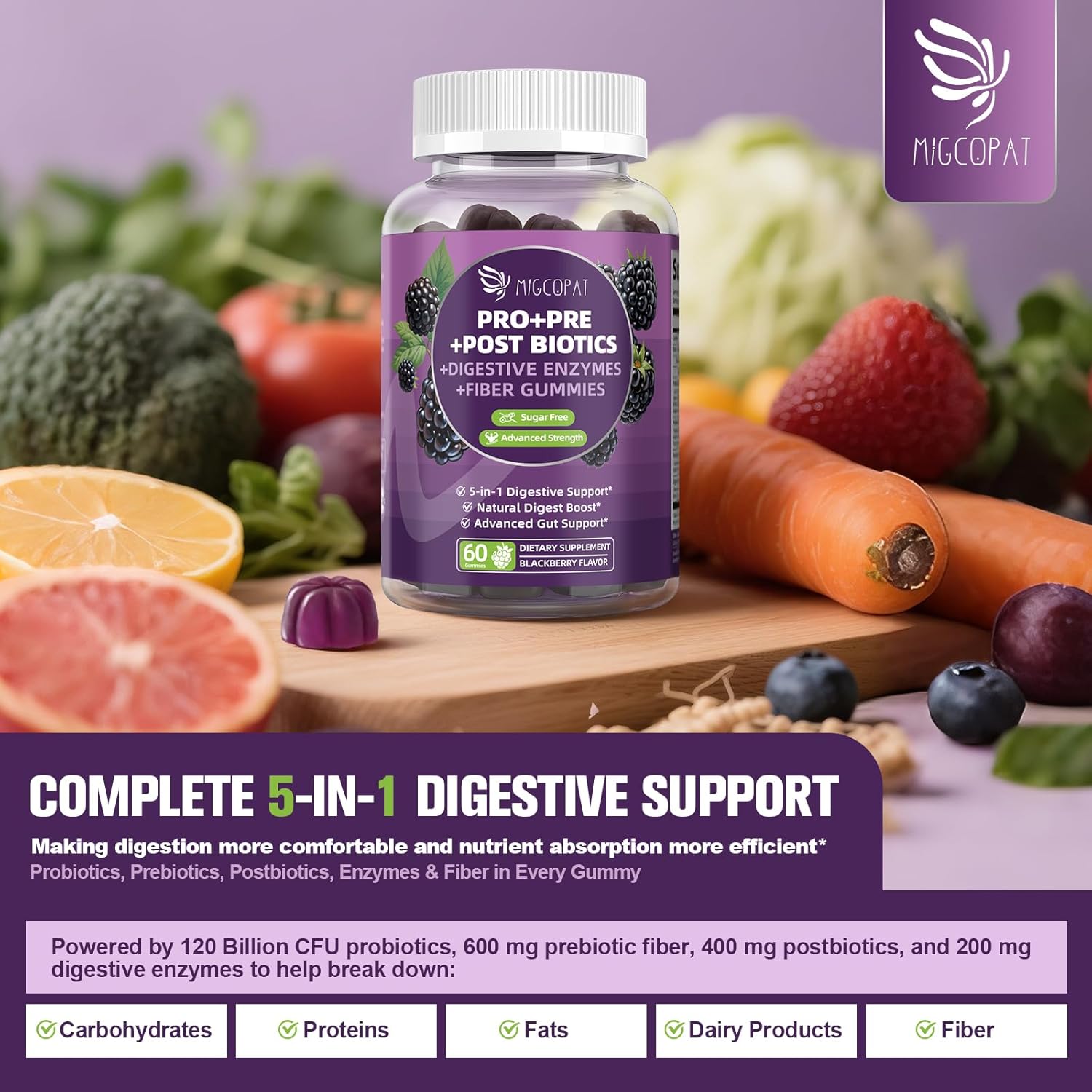 Pre Post Probiotics Gummies, 5 in 1 Probiotic Prebiotic Postbiotic Digestive Enzymes with Fiber, 120 Billion CFU Probiotics Complete Gut Support, Sugar Free, Vegan, BlackBerry Flavor, 60 Cts