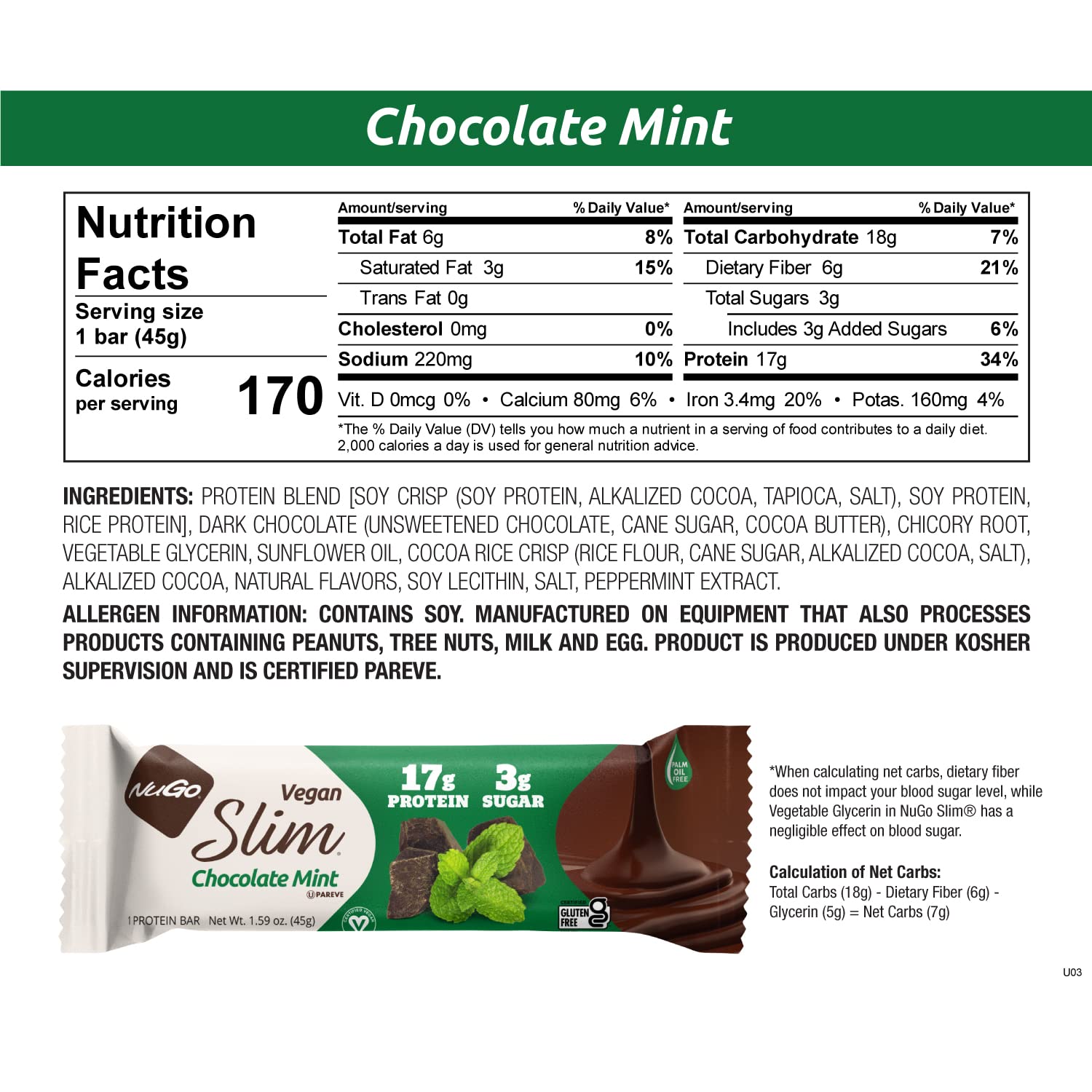 Nugo Slim Dark Chocolate Mint, 18g Vegan Protein, 3g Sugar, 6g Fiber, Low Net Carb, Keto Friendly, Gluten Free, 24 Count