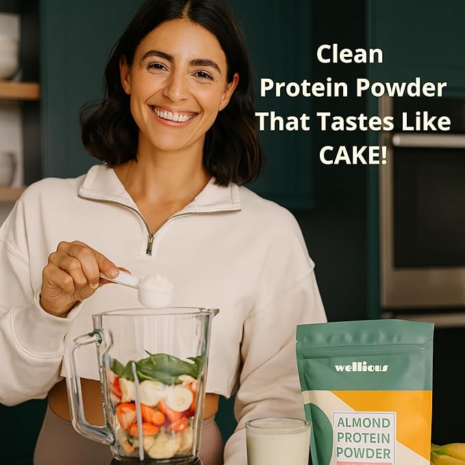 wellious Almond Protein Powder (Unflavored, Unsweetened) - 18 Grams of Pure Healthiest Vegan Protein for Women & Men | Gluten-Free, Soy-Free & Gut Friendly Protein Powder for Sports Nutrition