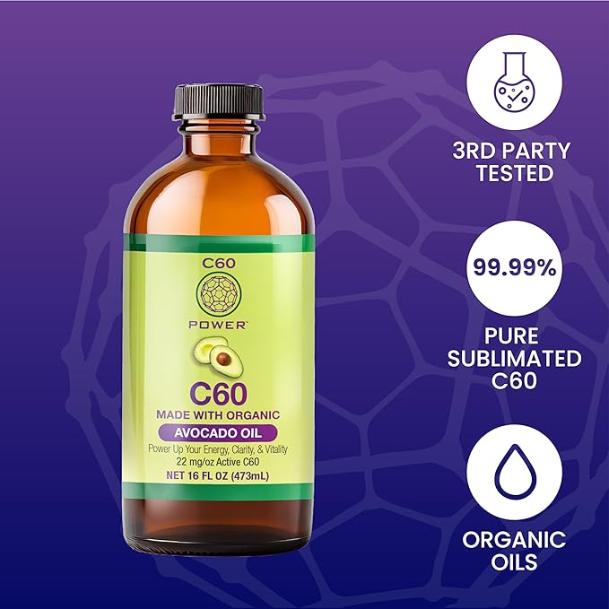 C60 Power C60 in Organic Avocado Oil - Natural Wellness & Antioxidant Support for Men & Women, 99.99% Pure Carbon Fullerenes, Promotes Energy, Mental Clarity, & Stamina - 16 fl oz Bottle