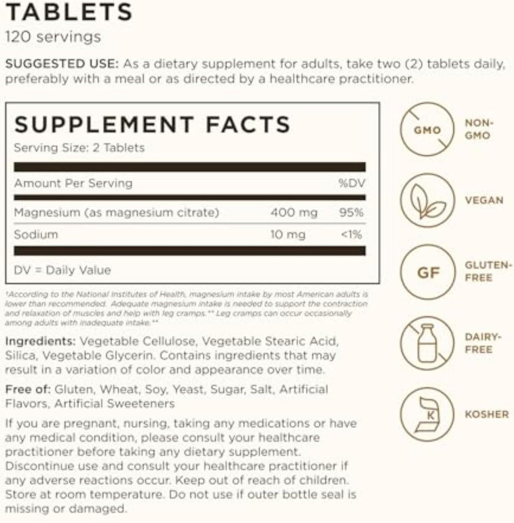 Solgar Magnesium Citrate, 120 Tablets - Promotes Healthy Bones - Supports Nerve & Muscle Function - Non GMO, Vegan, Gluten Free, Dairy Free, Kosher - 60 Servings, Standard Packaging