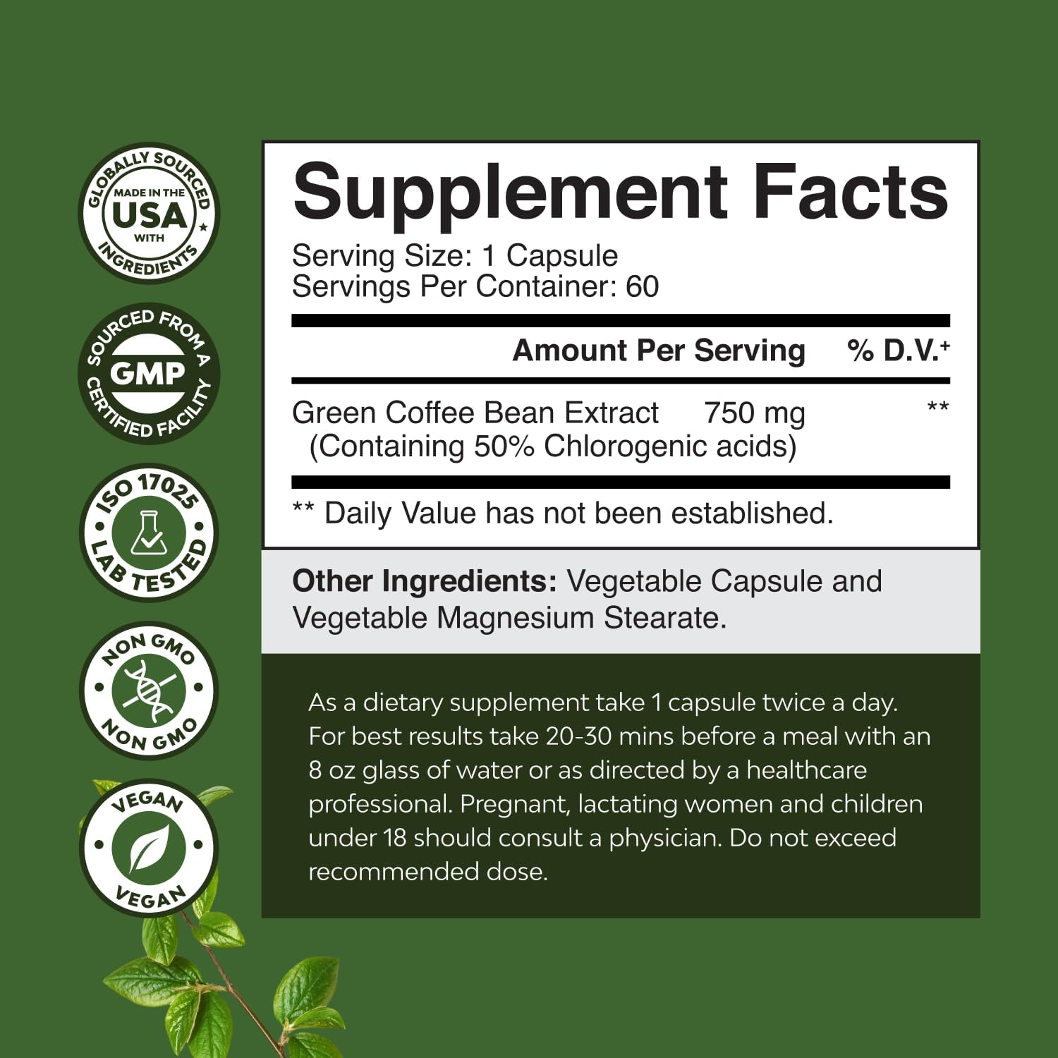 Pure Green Coffee Bean Extract - Super Energizing Green Coffee Extract with 50% Chlorogenic Acid for Antioxidant Heart Health Mental Focus and Size Reduction - Natural Energy Supplement for Adults