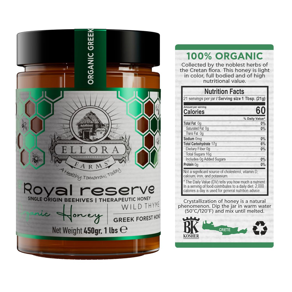 Ellora Farms Organic Honey, Wild Thyme Organic Honey Raw Unfiltered, Preservative and Additive Free, 2025 Paris and Dubai Gold Awards Winner, Gift Pack with Dipper - 450 g