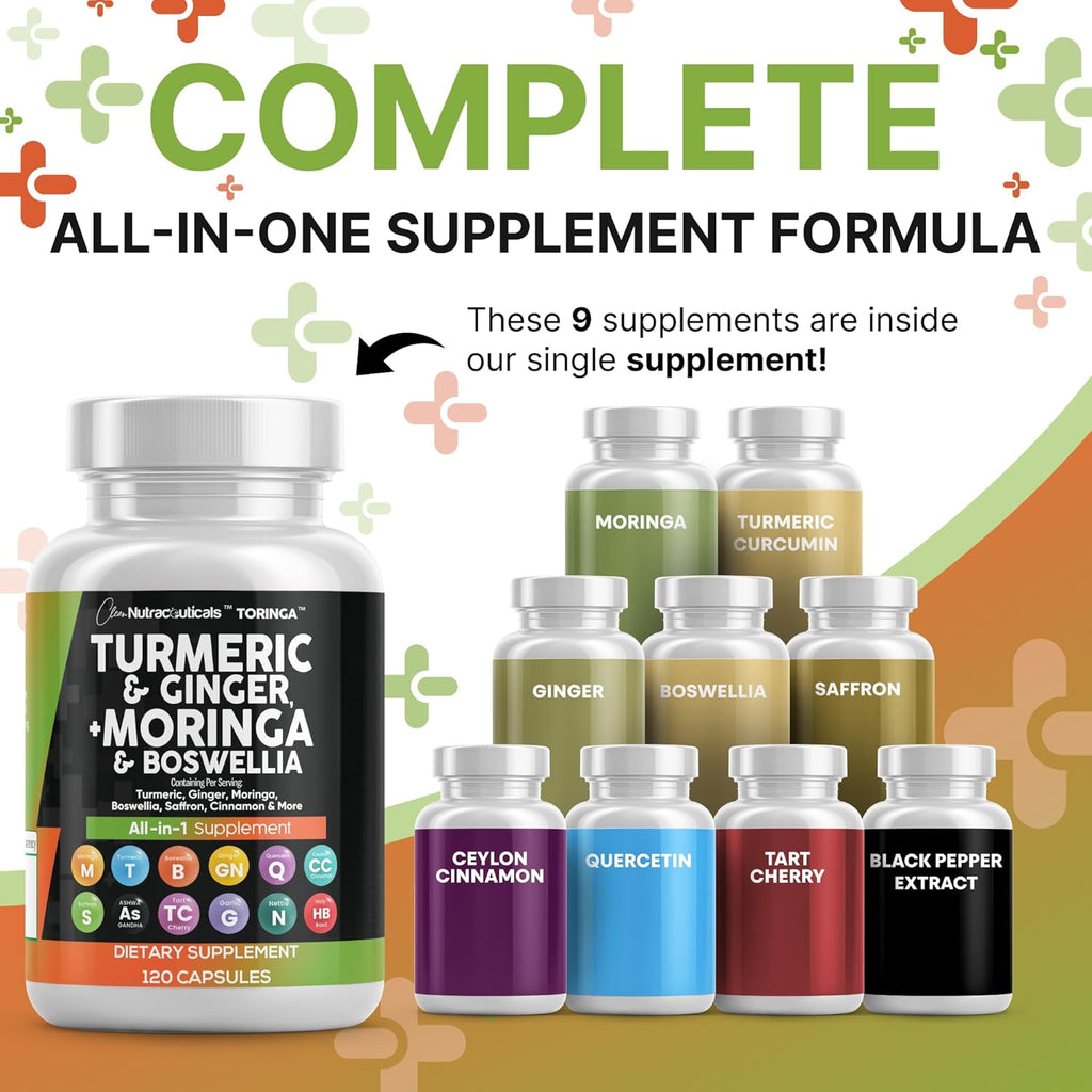 Turmeric Moringa Supplement | Ginger Boswellia Saffron - Supplement for Women and Men with Ceylon Cinnamon, Tart Cherry, Quercetin Garlic Nettle Holy Basil - 5Pack