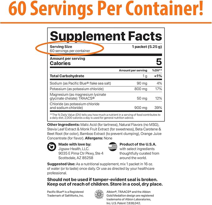 Jigsaw Health Potassium Cocktail | Formerly Pickleball Cocktail | Orange Flavor | 60 Servings (Packets)