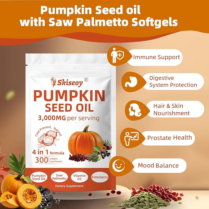 Pumpkin Seed Oil with Saw Palmetto, 300 Softgels | 4 in 1 Vitamin D3 & Elderberry, 3000mg Cold Pressed & Pure Virgin Oil | Supports Hair, Urinary, Bladder & Prostate Health, Immune | Vegan, Non-GMO