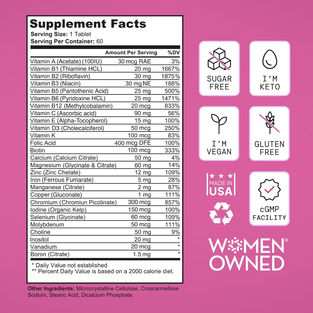 Vegan Multivitamins for Women - Once Daily - 28 Nutrients - Boost Energy, Sleep, Hair, Skin, Nails & Reduce Cravings - Keto, Vegan, Gluten Free, USA, 2-Months Supply