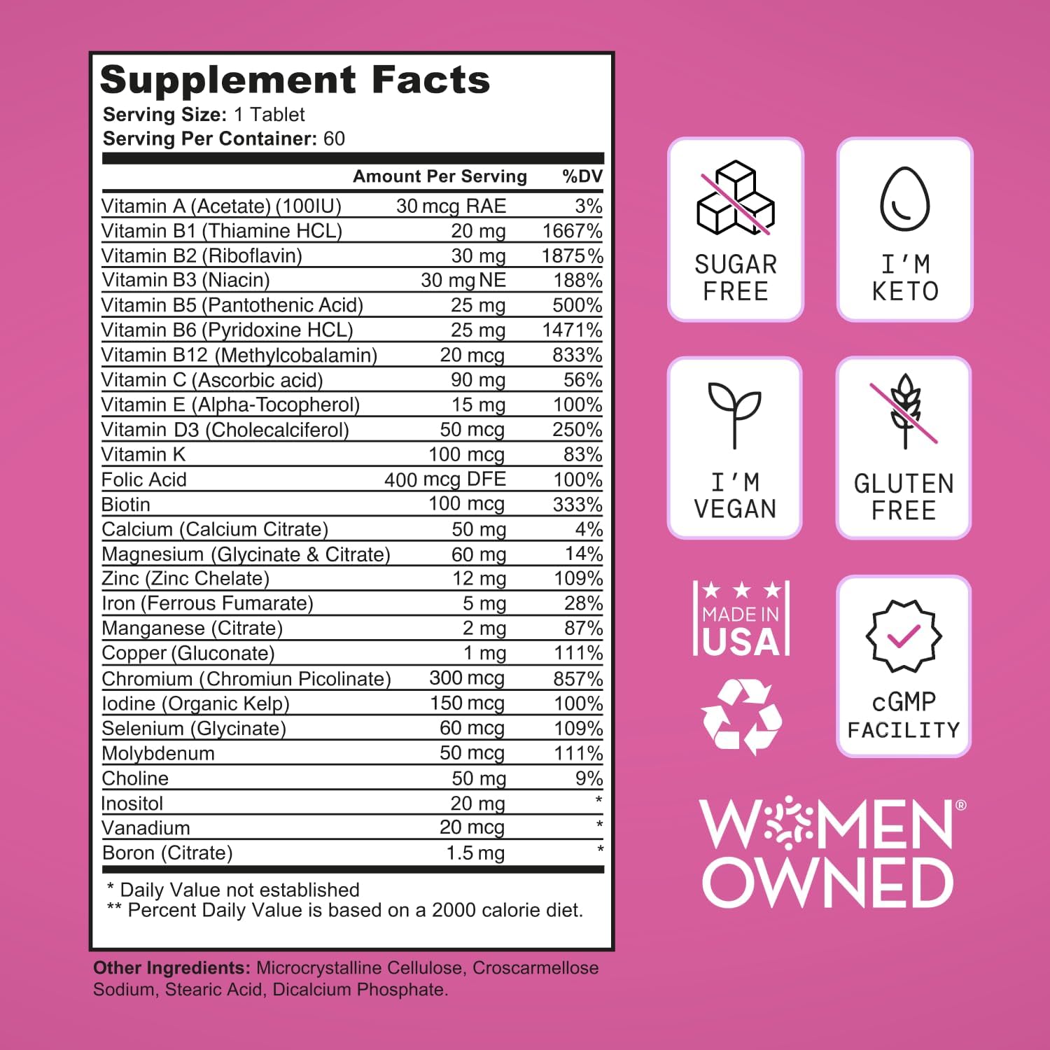 Vegan Multivitamins for Women - Once Daily - 28 Nutrients - Boost Energy, Sleep, Hair, Skin, Nails & Reduce Cravings - Keto, Vegan, Gluten Free, USA, 2-Months Supply