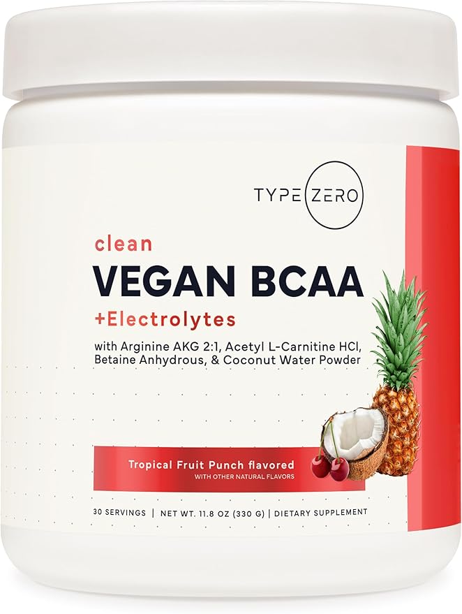 Type Zero Ultra Clean Vegan BCAA Powder + Electrolytes (Tropical Fruit Punch | 6G) 2:1:1 Sugar-Free/No Sucralose BCAAs Amino Acids Supplement - BCAA Vegan Amino Acids After Workout Drink, 30 Servings