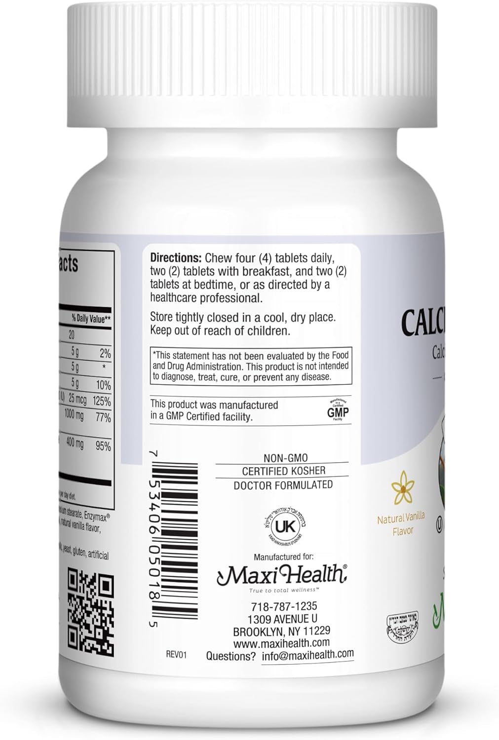 Maxi Health Chewable Calcium Complex – Vanilla Flavor Vitamin D3 and Magnesium Chewables to Help Support Bones – Kosher Magnesium and Calcium Supplement for Women and Men (180 Count)