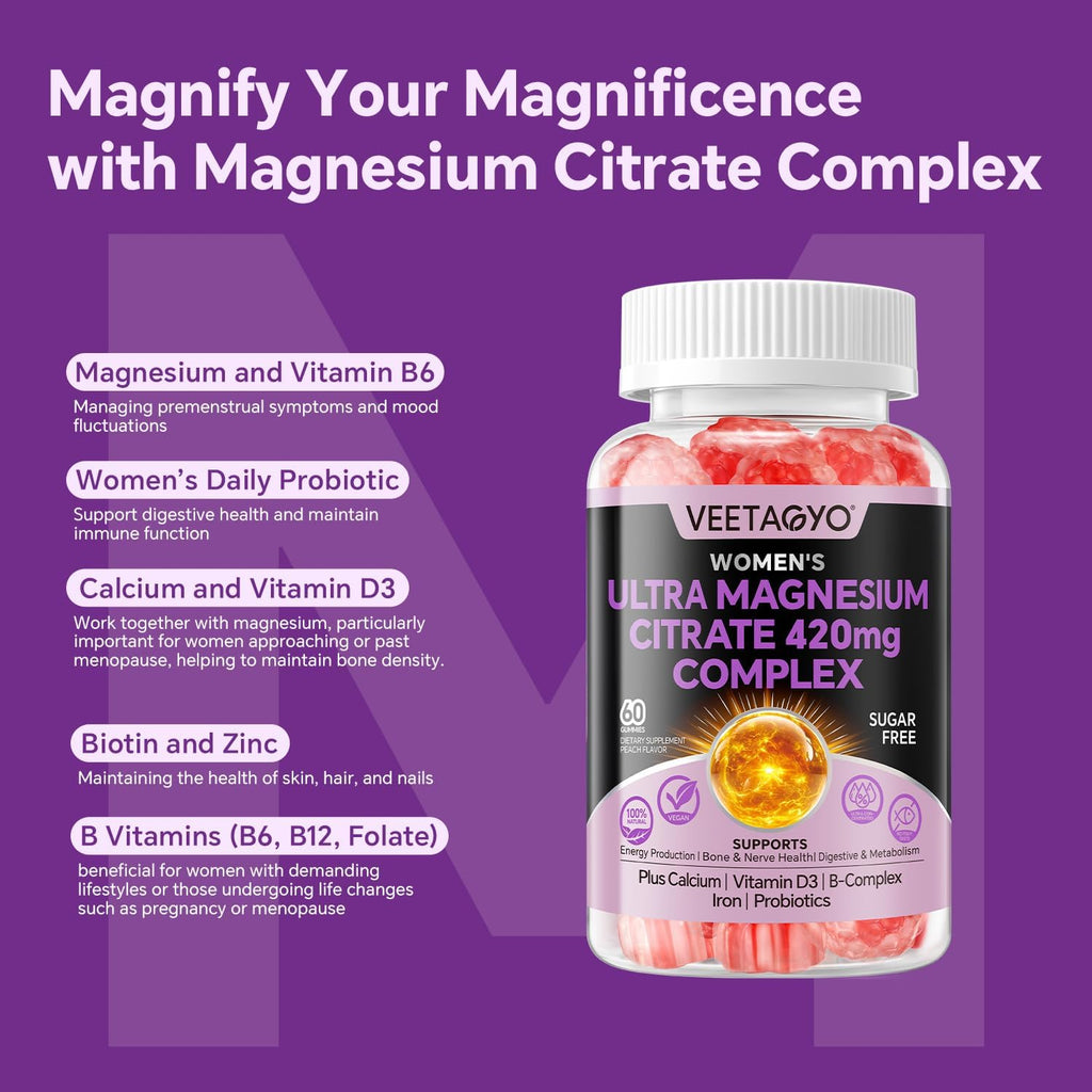 Magnesium Citrate Gummies 420mg for Adult - Dual Layer - w/10 Billion CFU - 5 Strains Probiotics & Calcium, D3, Biotin, Iron, B6, B12, Folate, Support for Bone, Nerve, Relaxation, Muscle - Vegan 60Cts