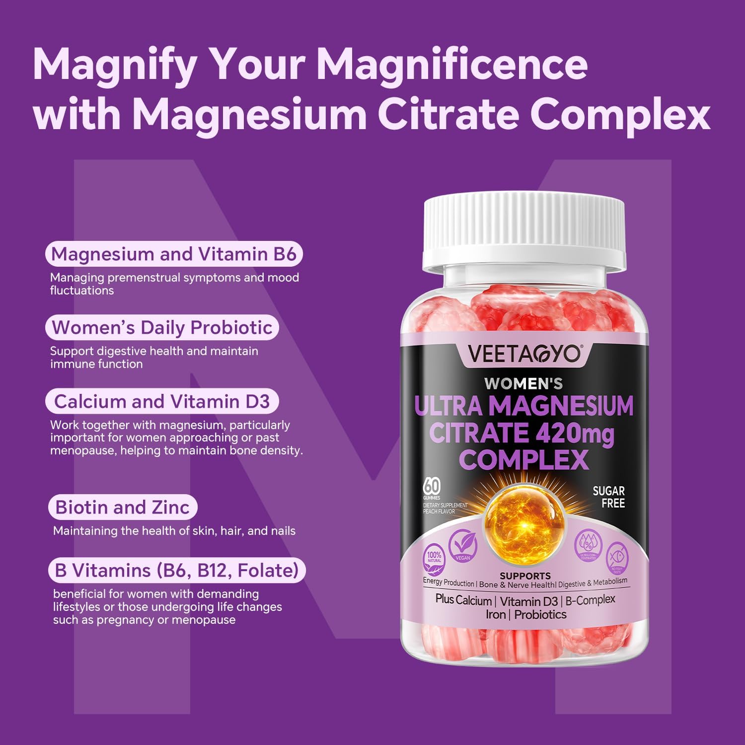 Magnesium Citrate Gummies 420mg for Adult - Dual Layer - w/10 Billion CFU - 5 Strains Probiotics & Calcium, D3, Biotin, Iron, B6, B12, Folate, Support for Bone, Nerve, Relaxation, Muscle - Vegan 60Cts