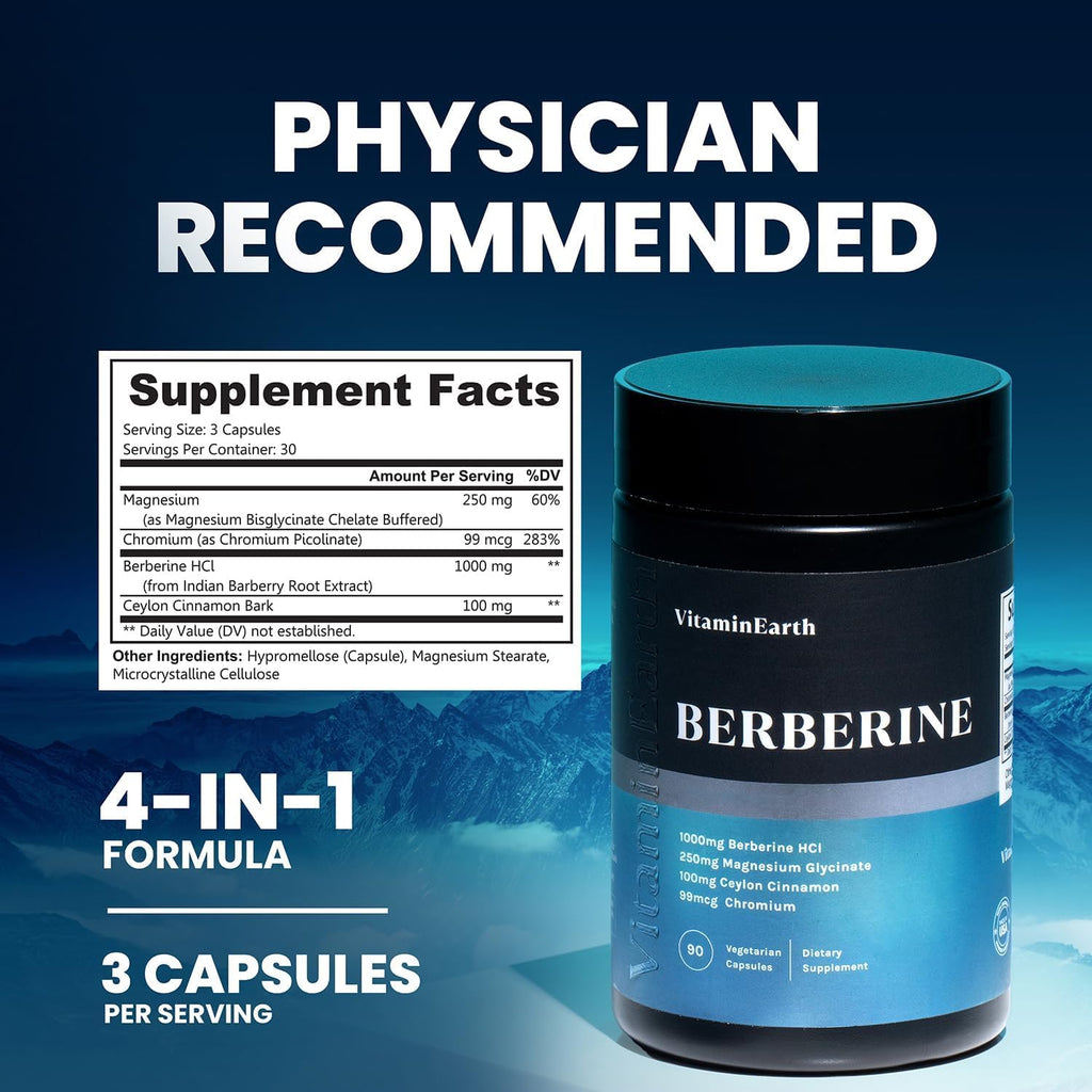 Berberine Complex – 1000mg Berberine HCl with Magnesium, Ceylon Cinnamon & Chromium – Metabolic Wellness Support – Vegan, Non-GMO, 90 Capsules