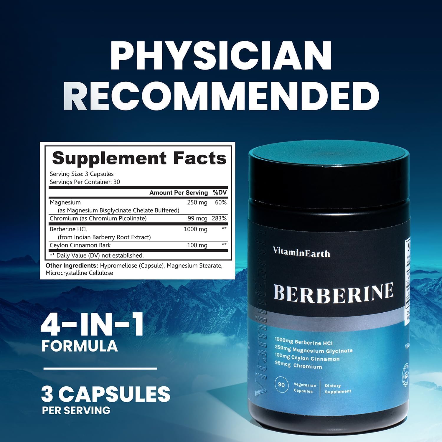 Berberine Complex – 1000mg Berberine HCl with Magnesium, Ceylon Cinnamon & Chromium – Metabolic Wellness Support – Vegan, Non-GMO, 90 Capsules