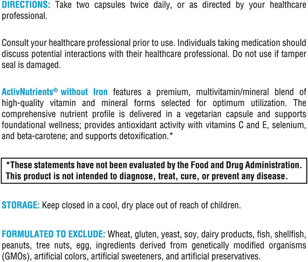 XYMOGEN ActivNutrients Without Iron - Multivitamin Multimineral for Wellness, Immune, Energy and Mood Support - Chelated Minerals + Active B Vitamins with Folate (240 Capsules)